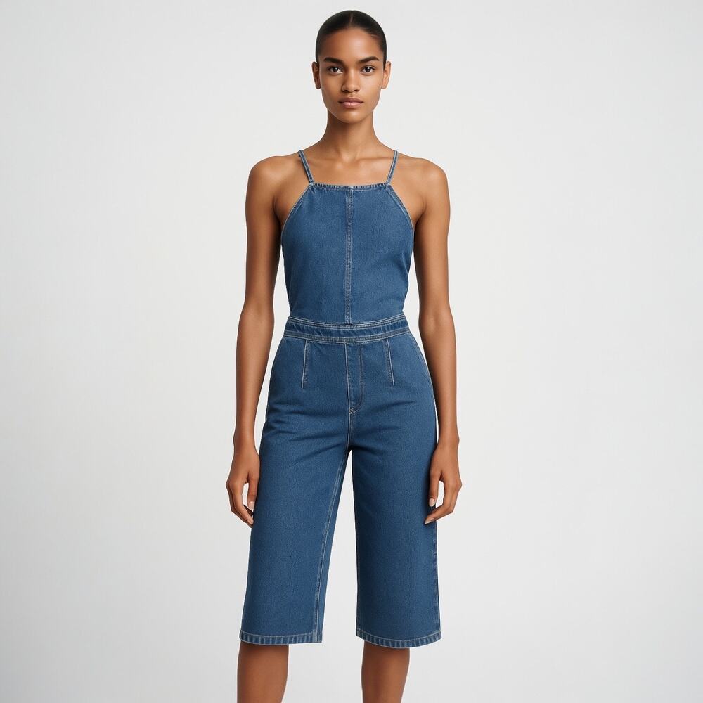 ASOS Women's Blue Sleeveless Lace Up Back Wide Leg Capri Denim Jean Jumpsuit 2